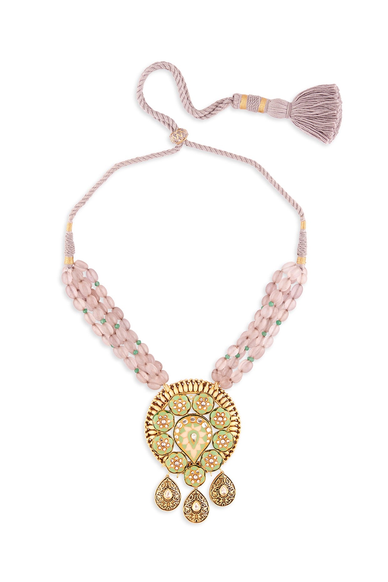 Gold Finish Grey Jade Beaded Necklace