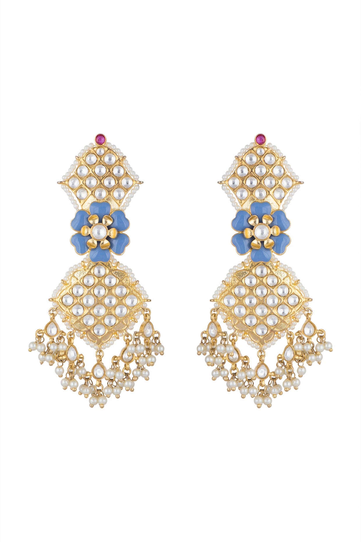 Gold Finish Blue Enameled Kundan Earrings