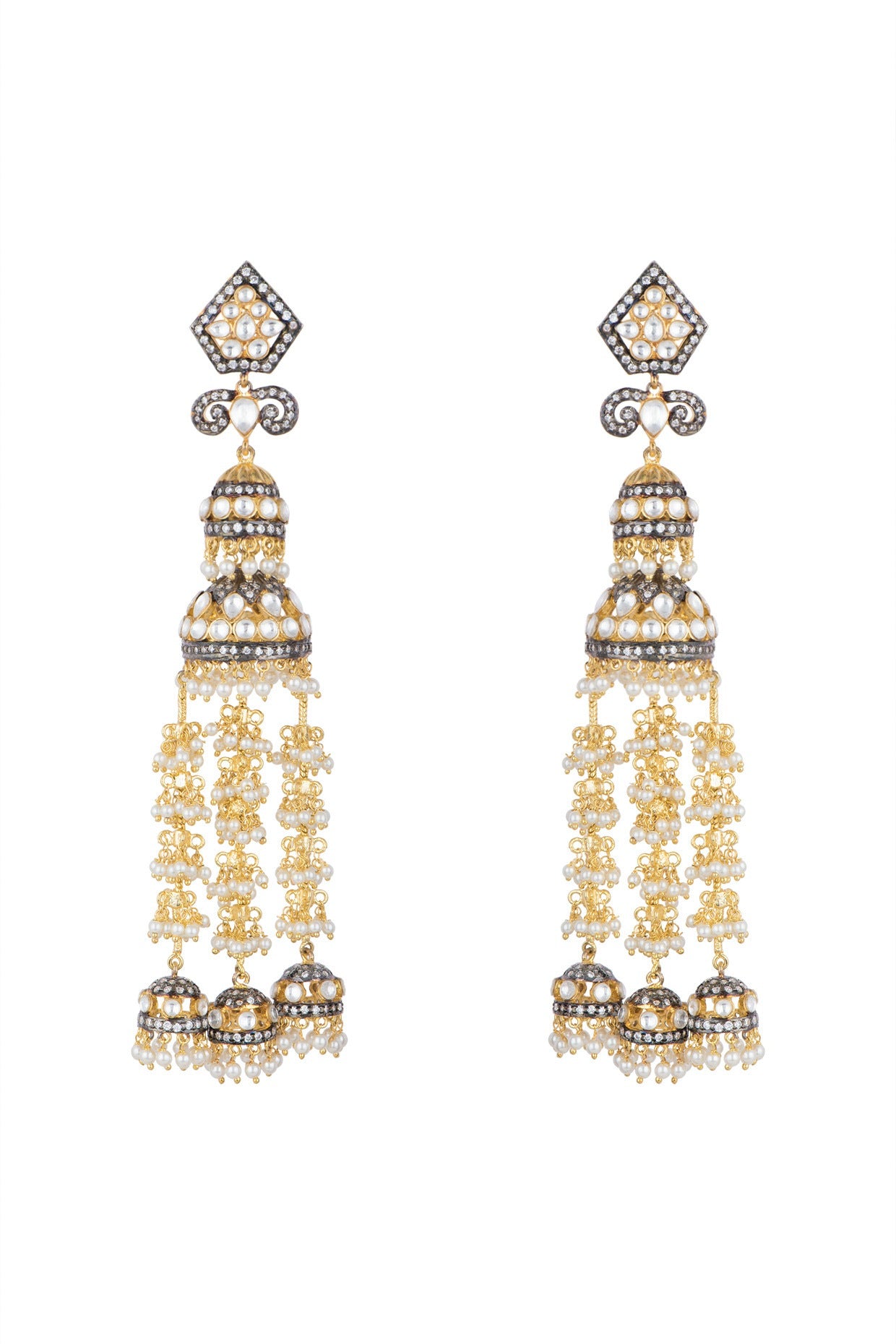 Gold Finish Faux Pearl, Kundan & CZ Diamond Earrings