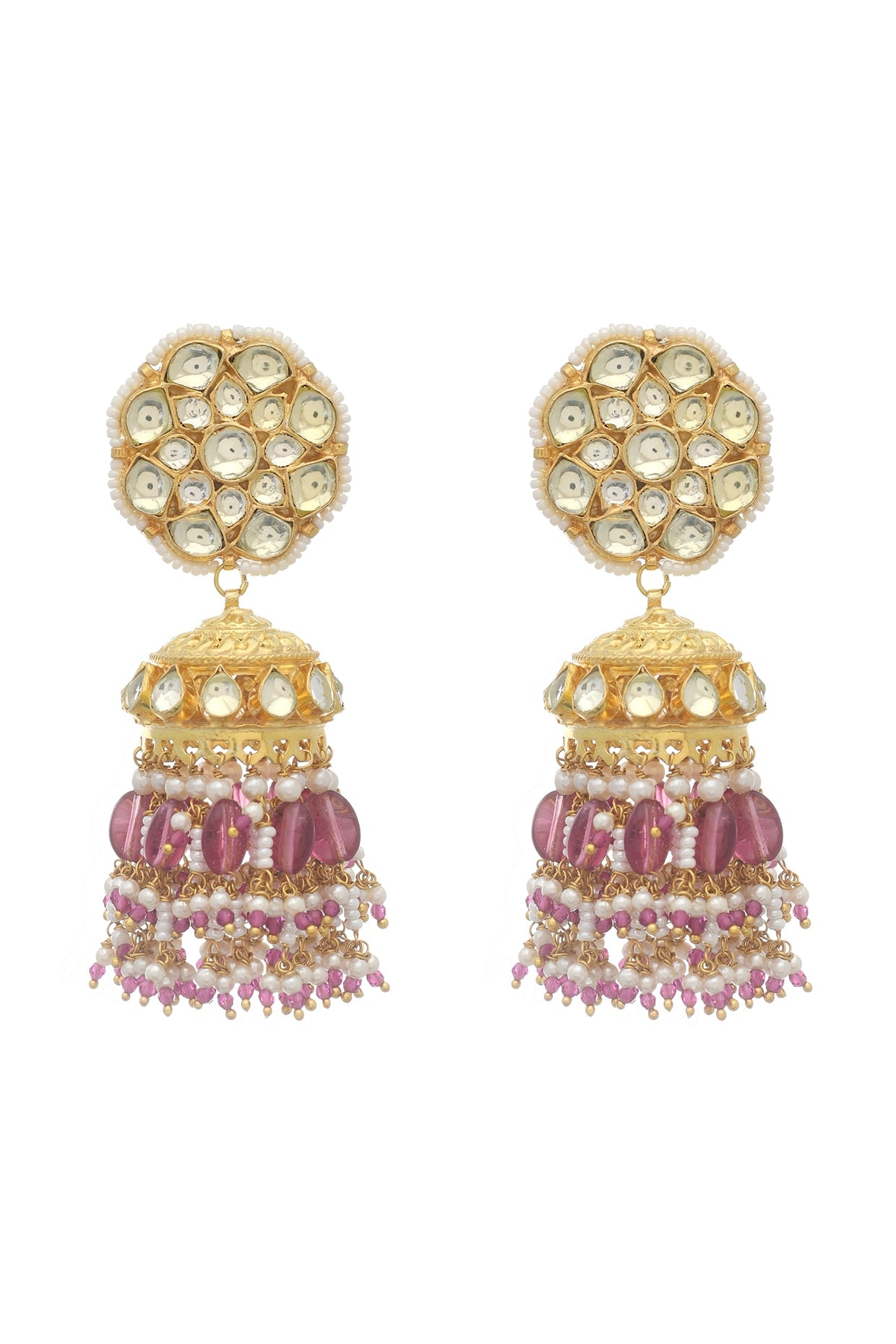 Gold Finish Pink Beaded Jhumka Earrings