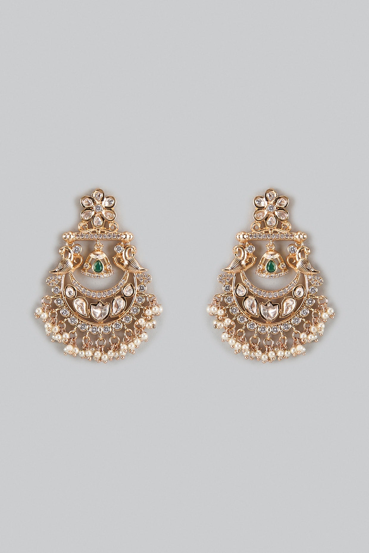 Gold Plated Kundan Polki & Green Stone Chandbali Earrings