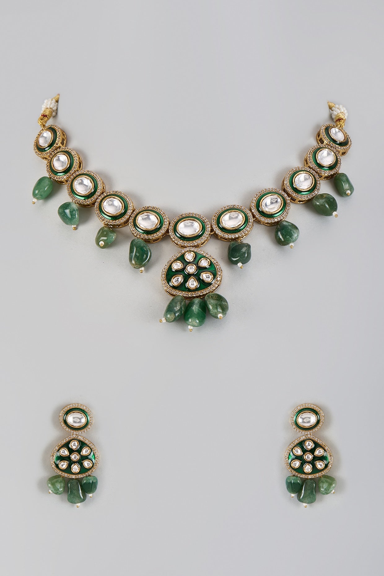 Gold Plated Kundan Polki & Green Beaded Meenakari Necklace Set