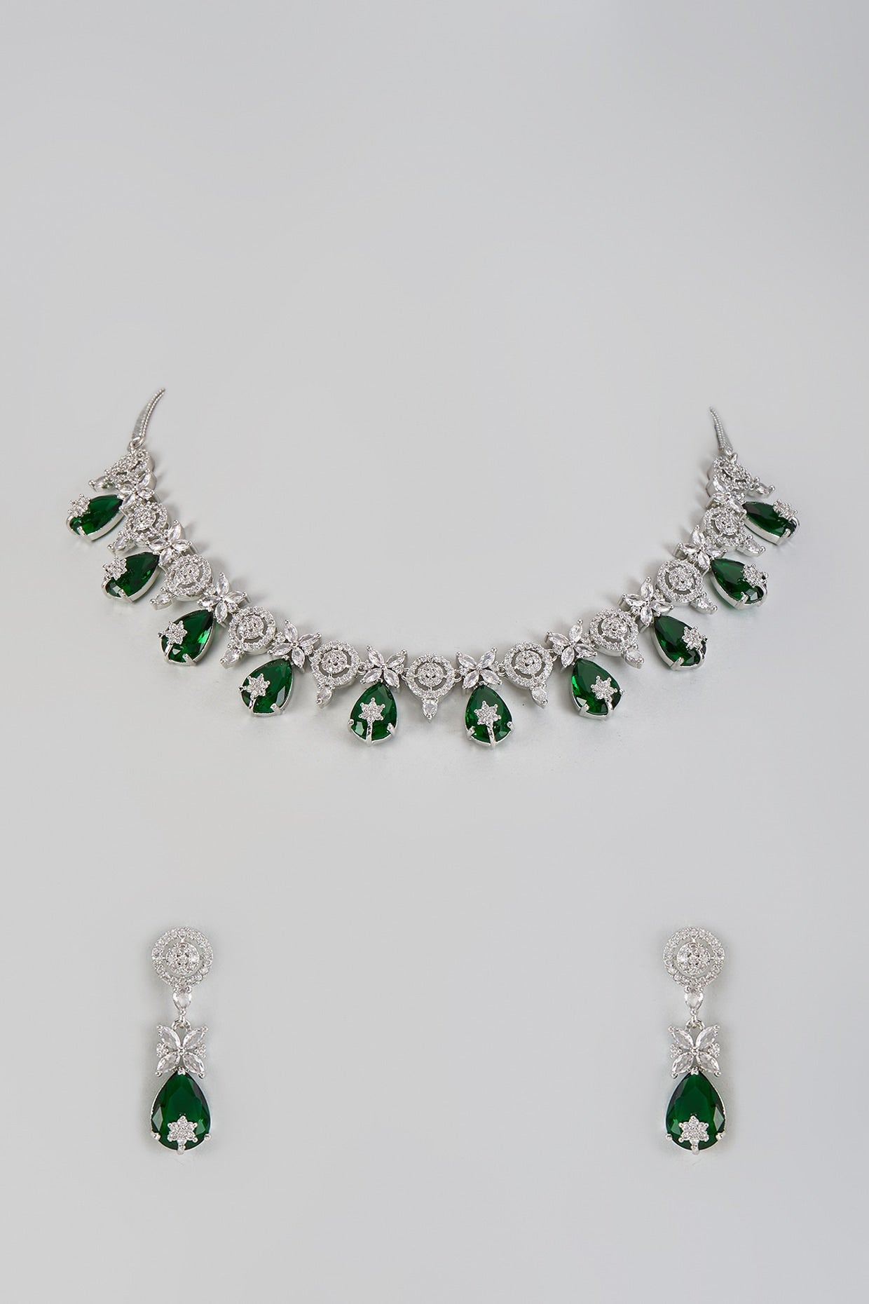 White Gold Finish Cubic Zirconia & Green Stone Necklace Set