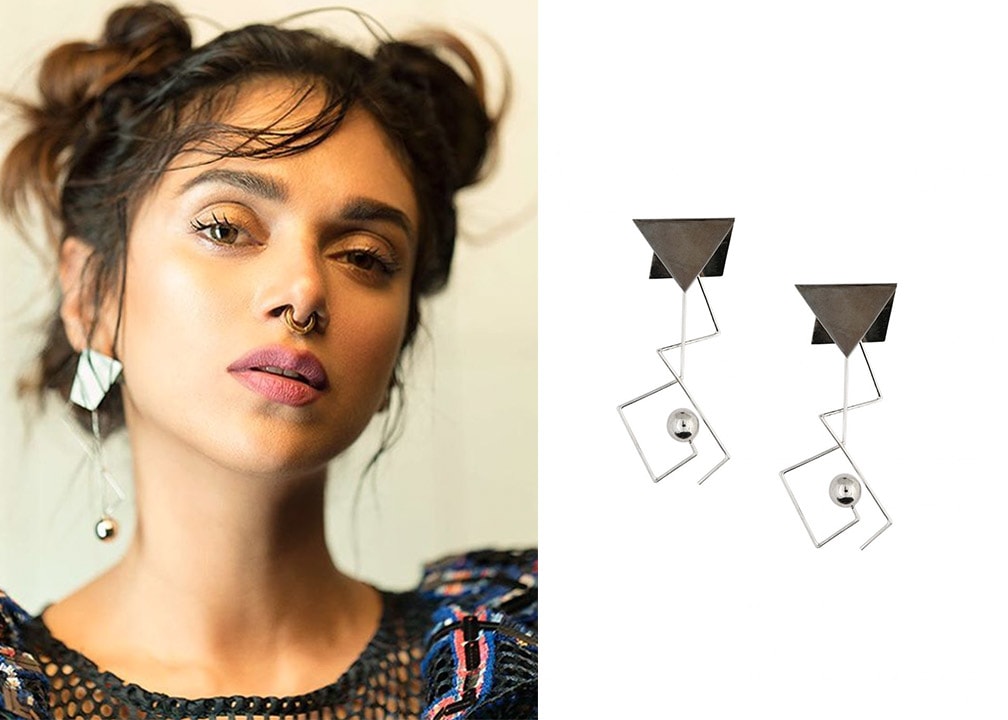 Silver Finish Triangular Top And Silver Ball Drop Earrings