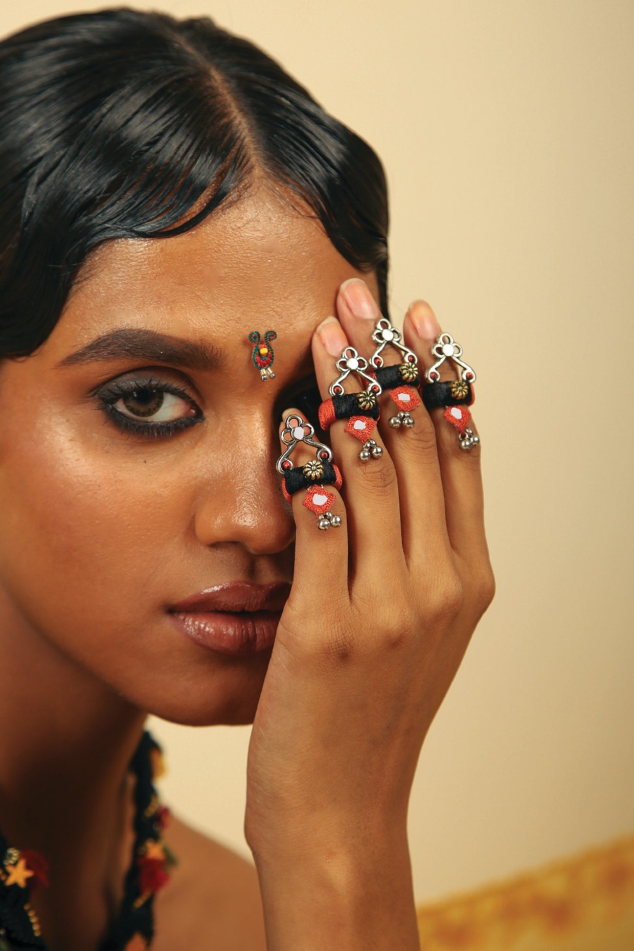 Black & Rust Hand Embroidered Tip Rings (Set of 5)
