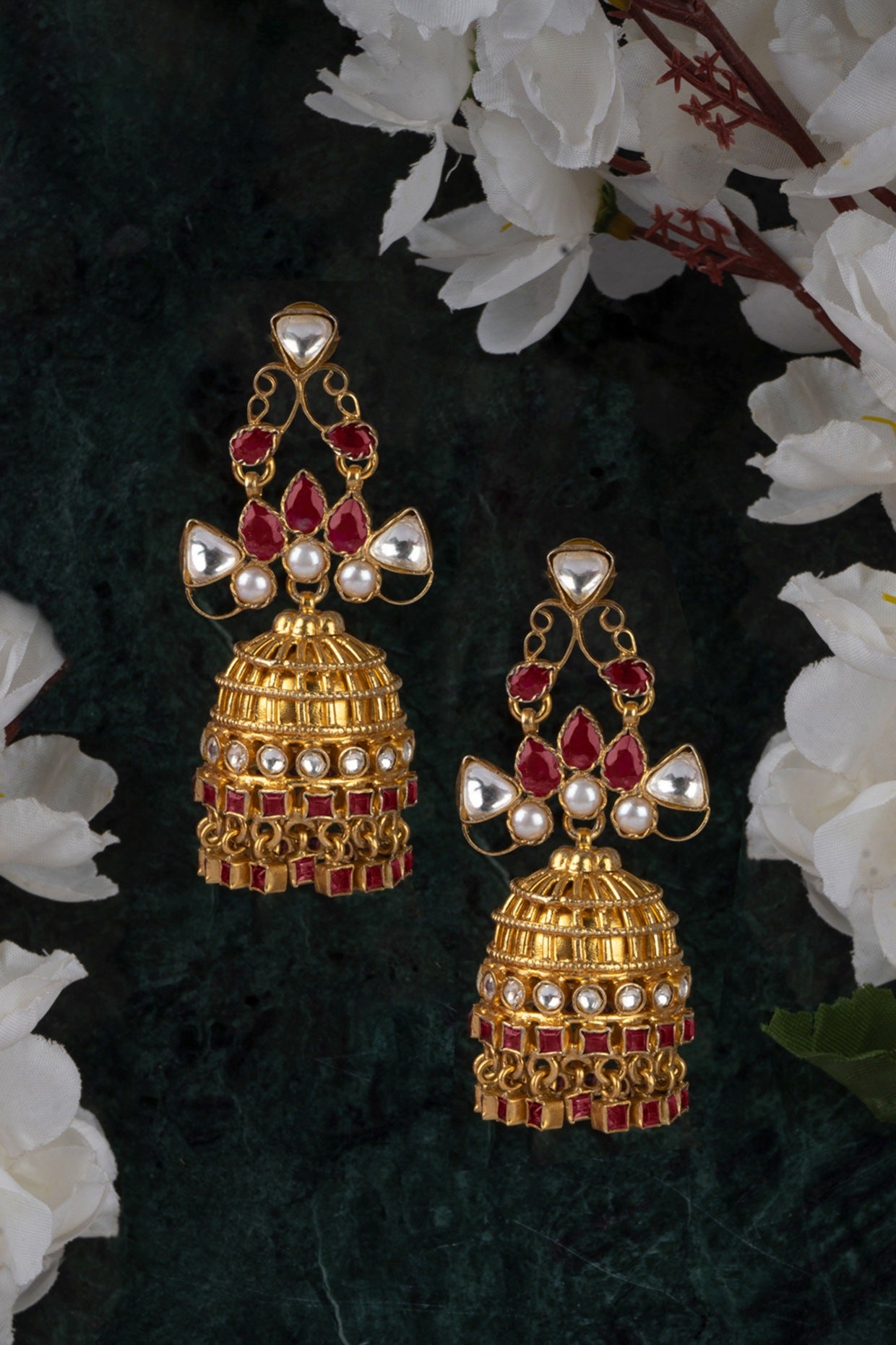 Gold Finish Kundan Polki Jhumka Earrings In 92.5 Sterling Silver