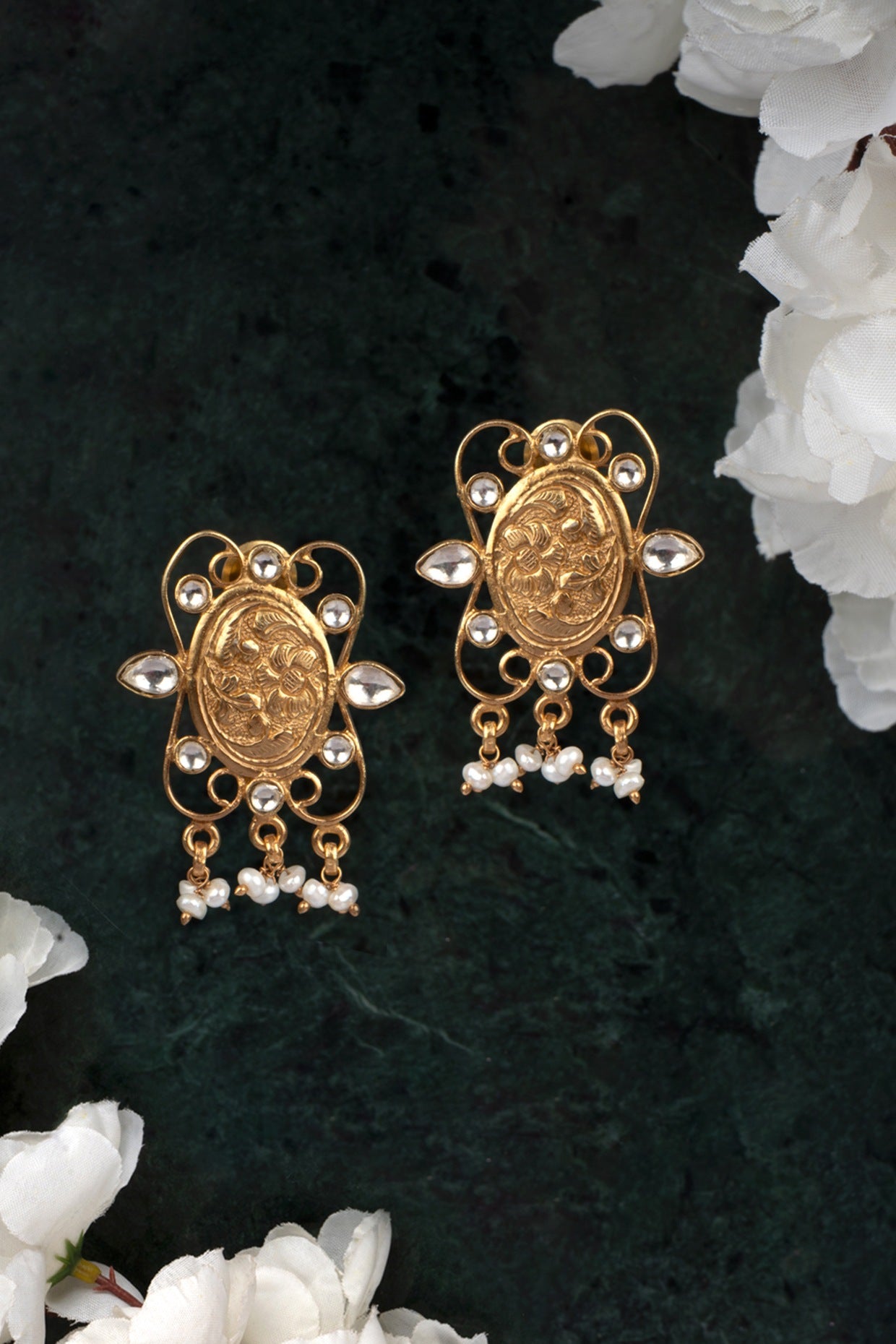 Gold Finish Kundan Polki Stud Earrings In 92.5 Sterling Silver