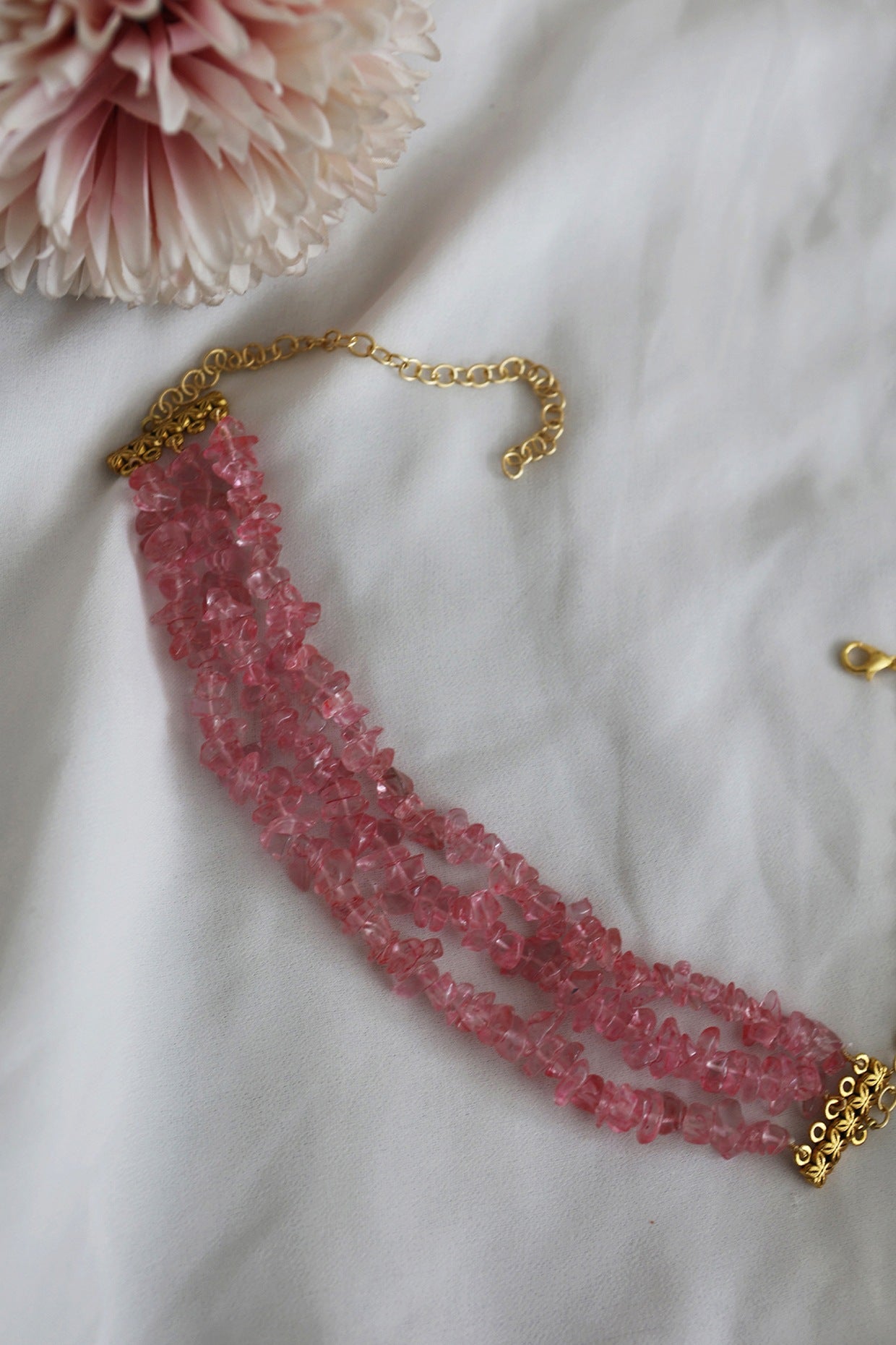Gold Plated Choker Necklace With Pink Stones