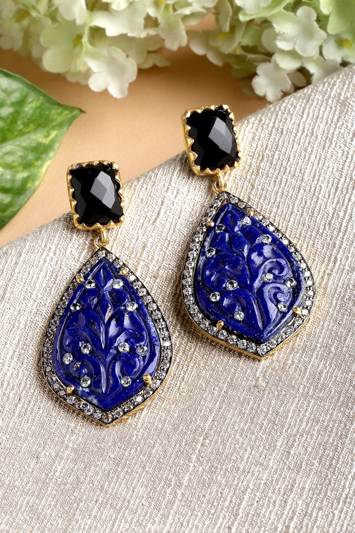 Gold Finish Carved Lapis Dangler Earrings In Sterling Silver