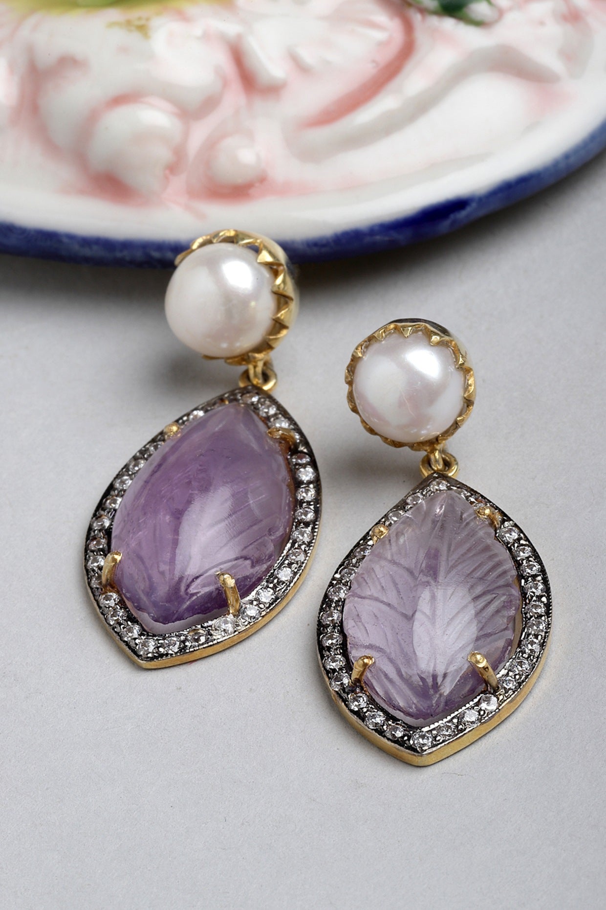 Gold Finish Carved Pink Amethyst Dangler Earrings In Sterling Silver