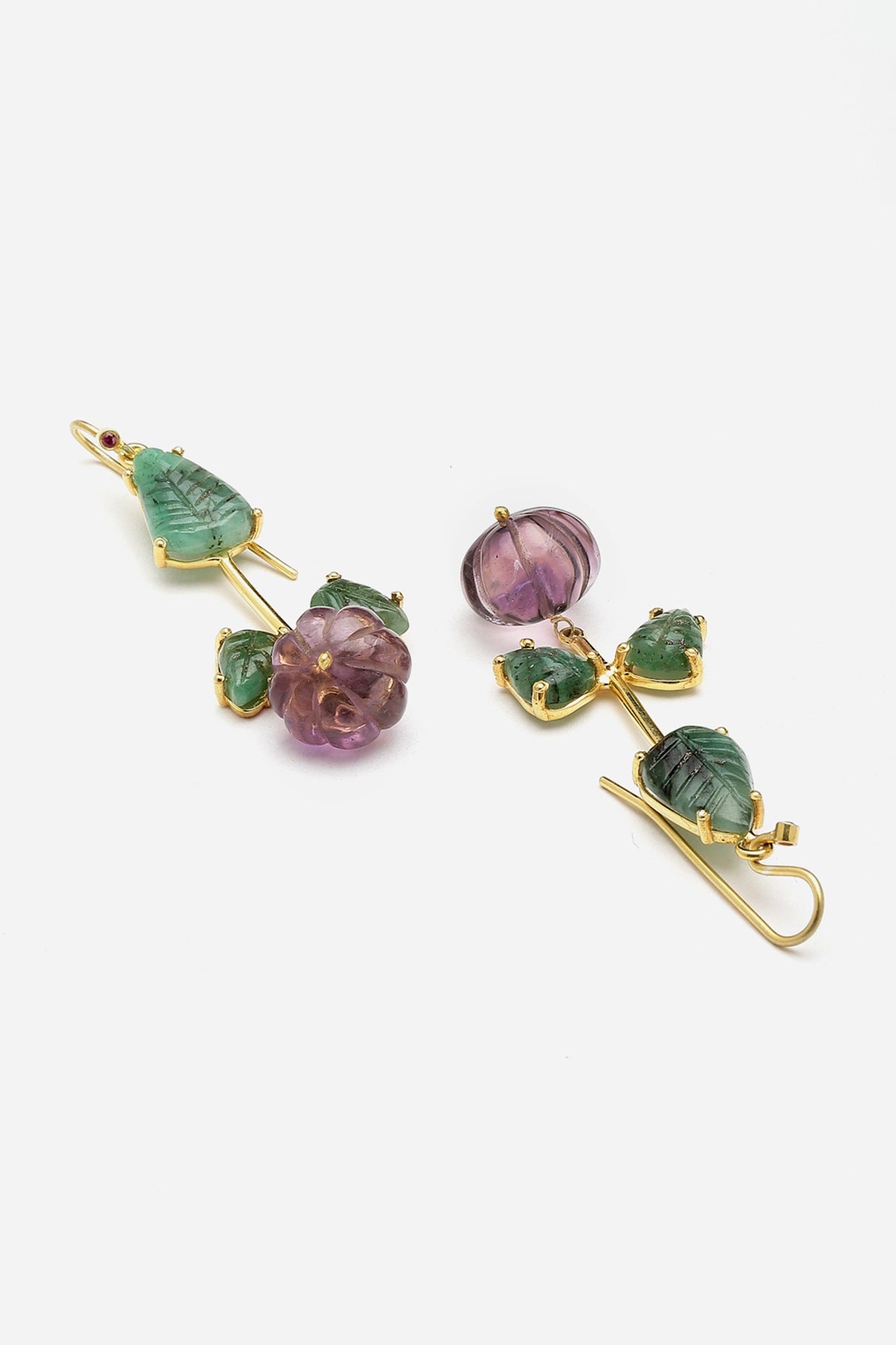 Gold Finish Carved Amethyst & Melon Balls Dangler Earrings In Sterling Silver