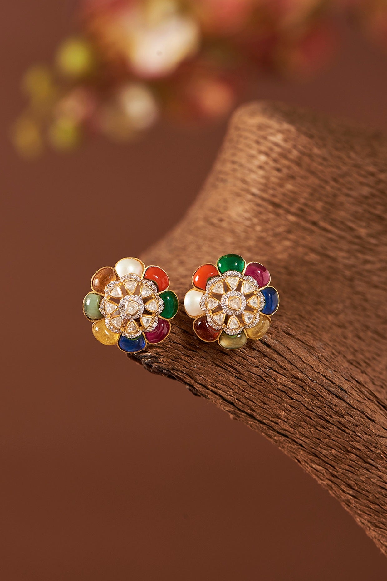 Yellow Gold Finish Moissanite Polki & Navratna Stone Stud Earrings In Sterling Silver