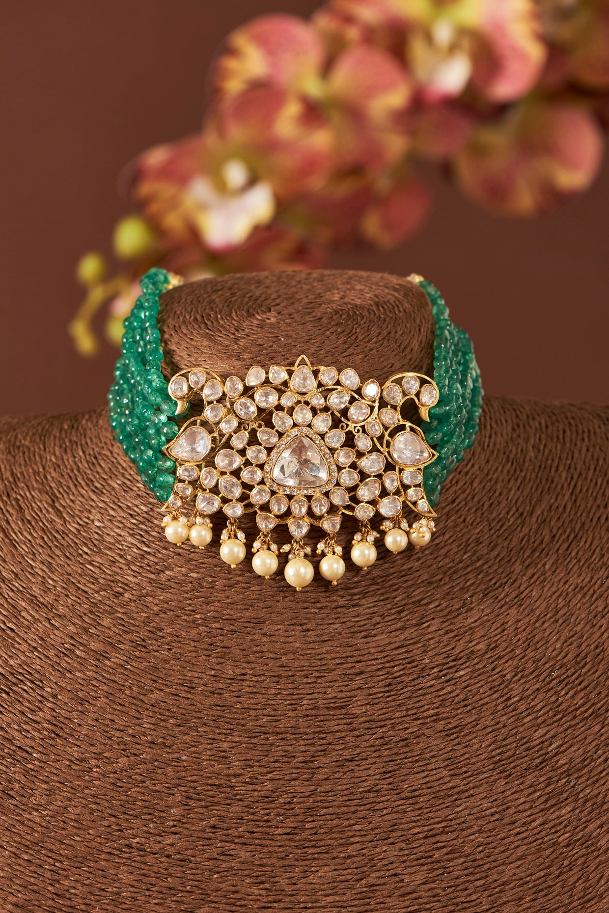 Yellow Gold Finish Moissanite Polki & Freshwater Pearl Choker Necklace Set In Sterling Silver
