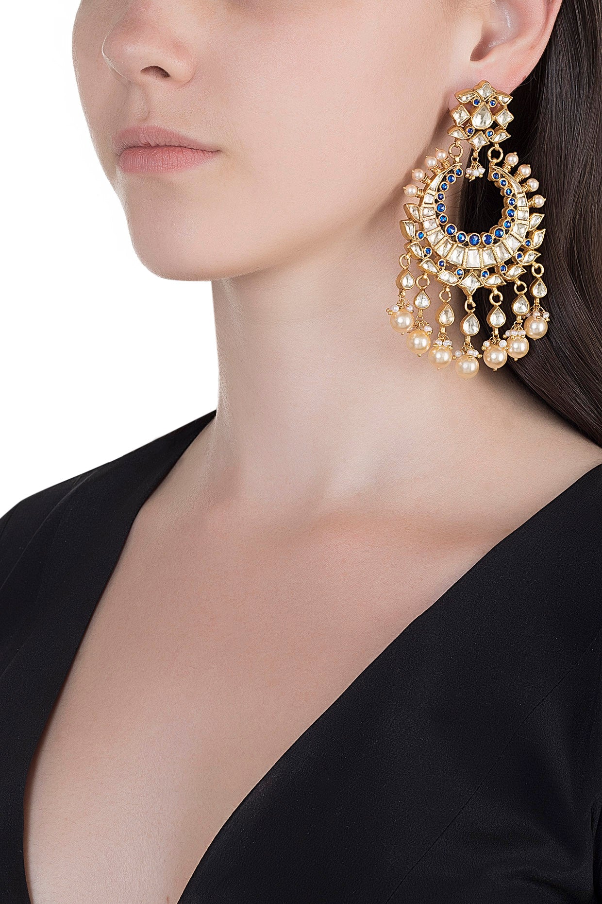 Gold Finish Blue Zircon & Pearl Chandbali Earrings