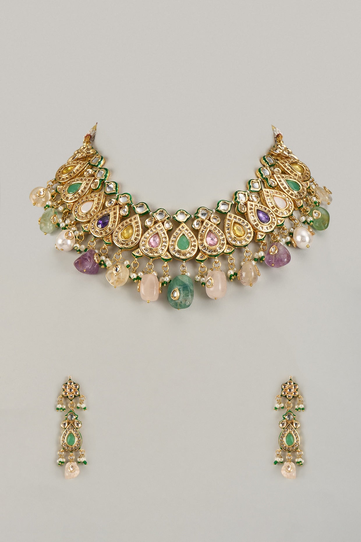 Gold Finish Kundan Polki & Multi-Colored Stone Necklace Set