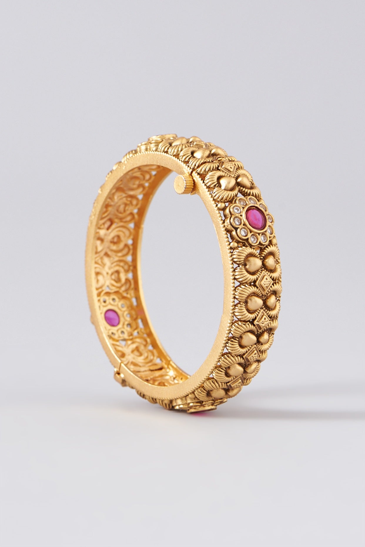 Gold Finish Kundan Polki & Red Stone Bangles (Set of 2)