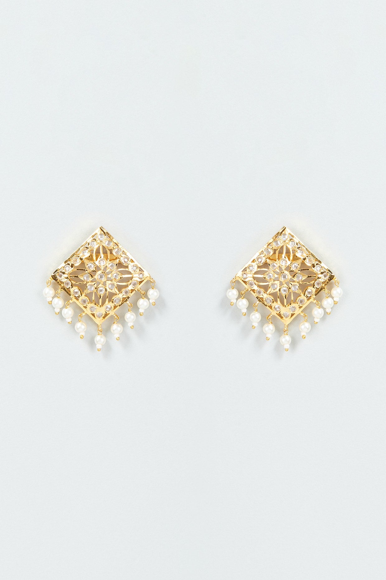 Gold Finish Kundan Polki & Pearl Stud Earrings