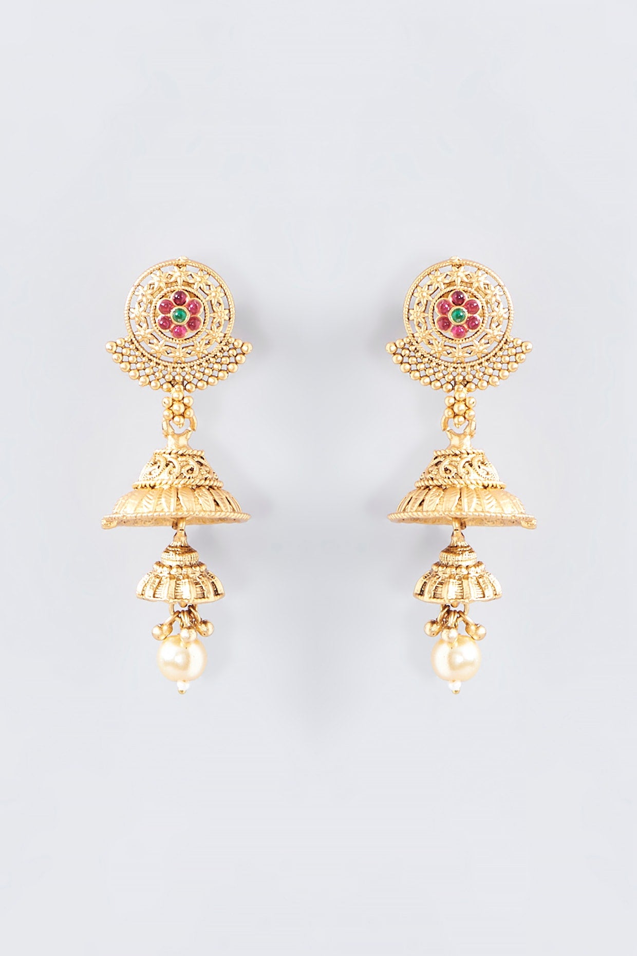 Gold Finish Kundan Polki Temple Jhumka Earrings