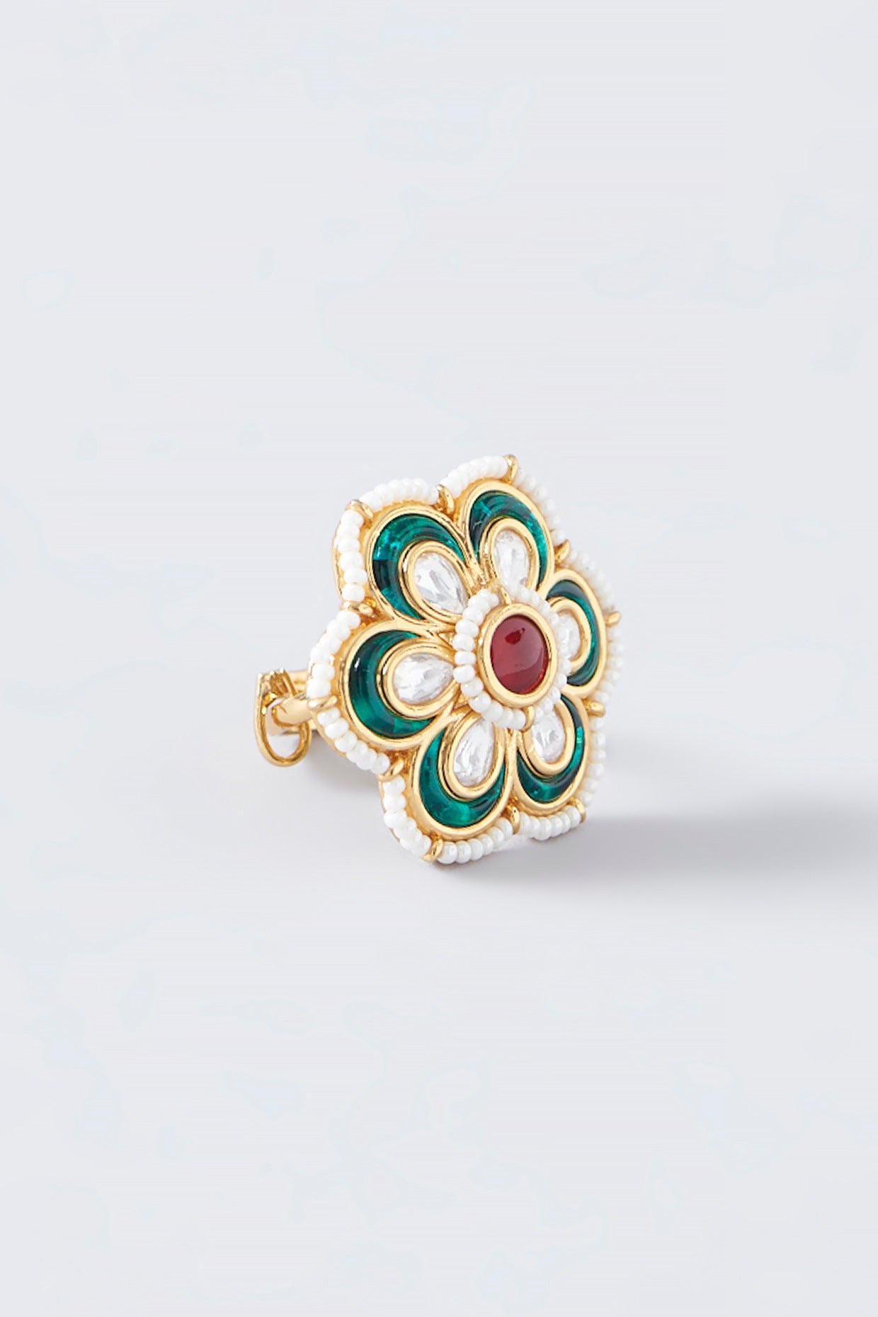 Gold Finish Kundan Polki & Pearl Ring