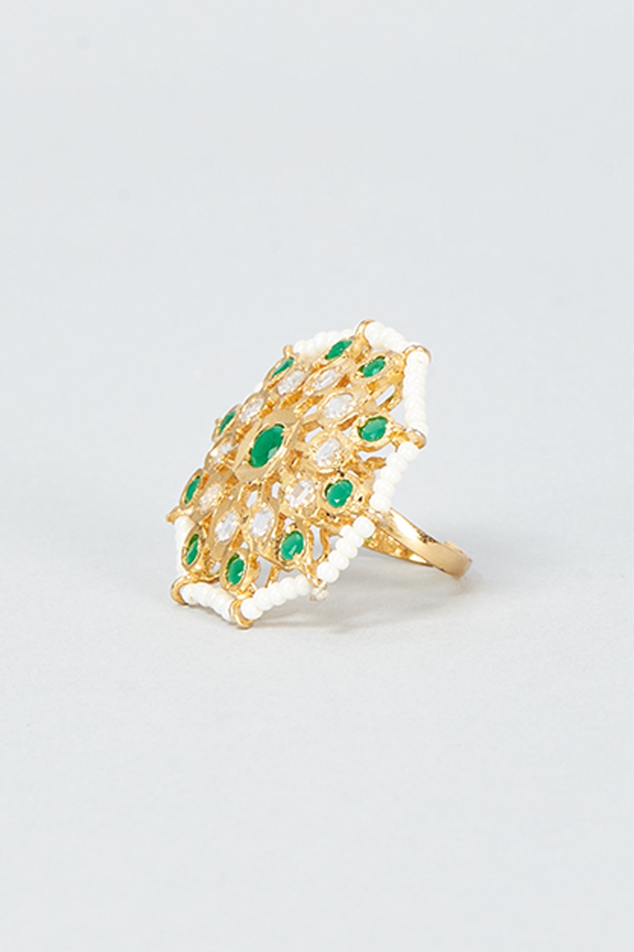 Gold Finish Kundan Polki & Green Stone Ring