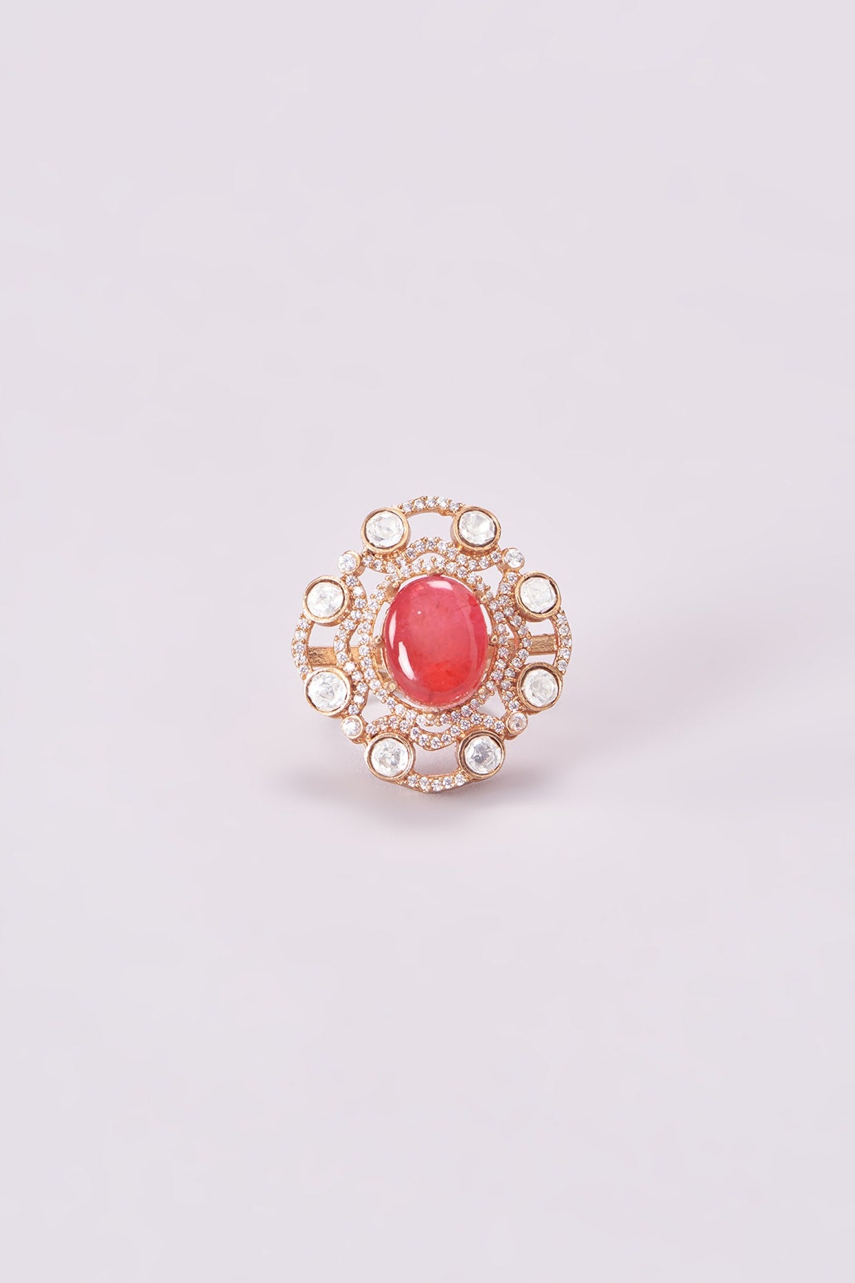 Gold Finish Kundan Polki & Red Stone Ring