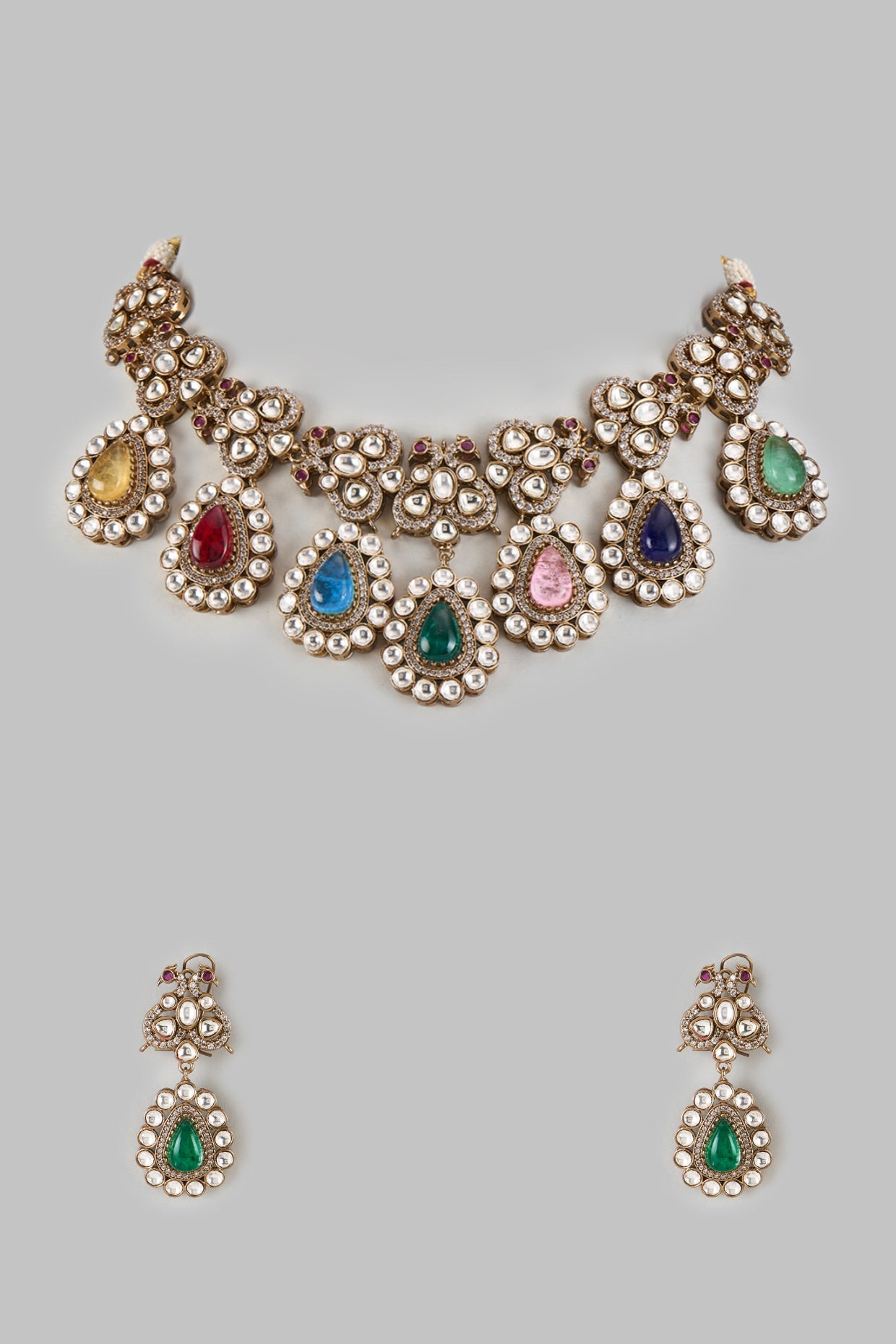 Gold Finish Kundan Polki & Multi-Colored Stone Necklace Set