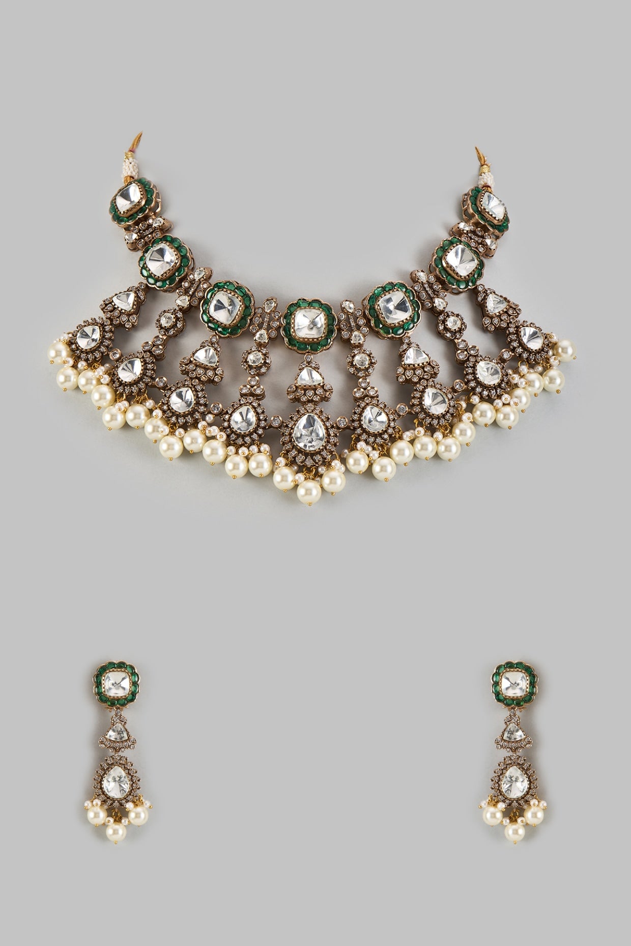 Gold Finish Kundan Polki & Emerald Stone Necklace Set