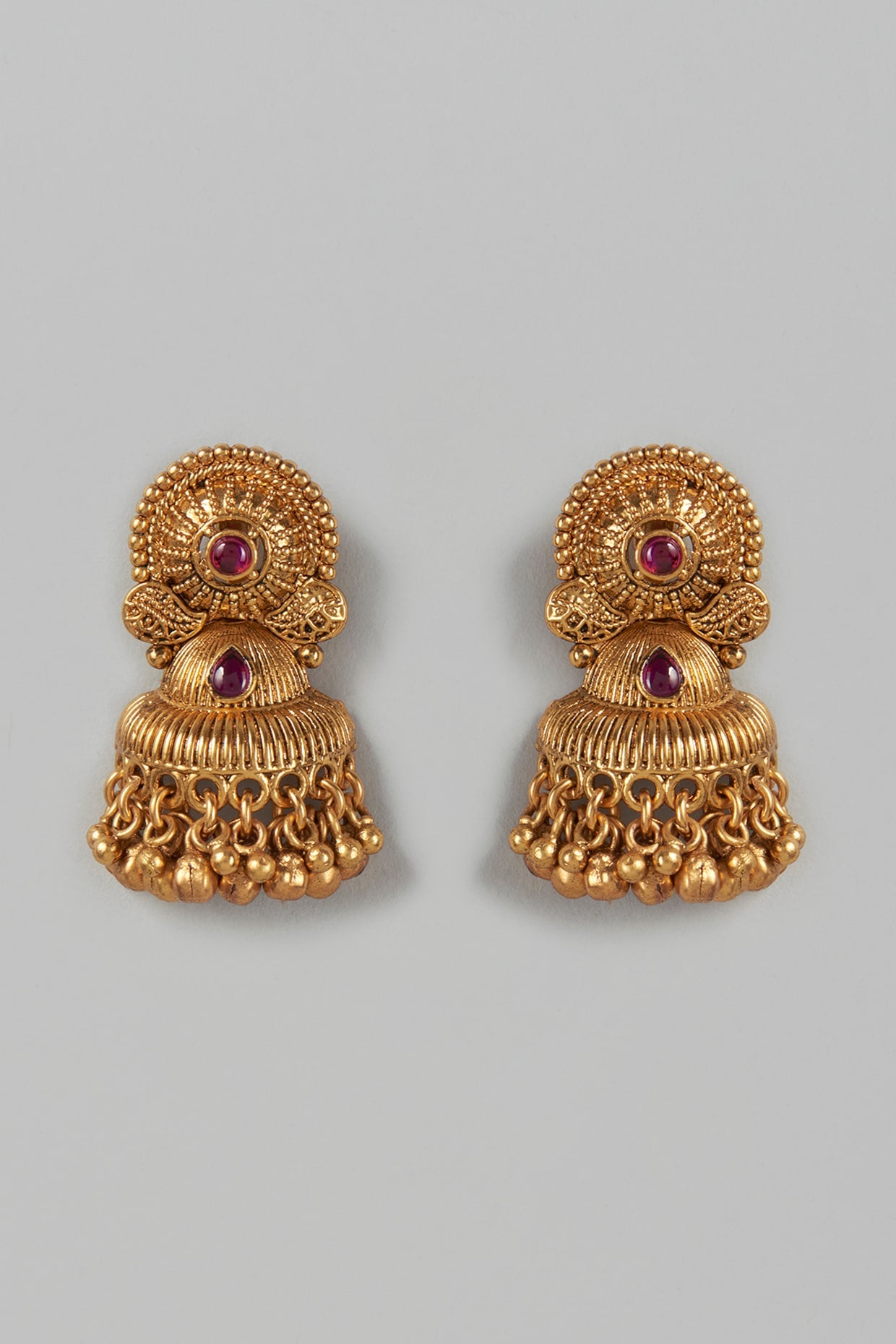 Gold Finish Red & Green Synthetic Stone Temple Jhumka Earrings