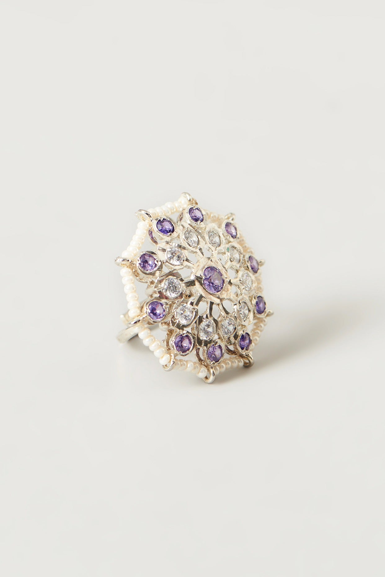 White Finish Kundan Polki & Purple Stone Ring