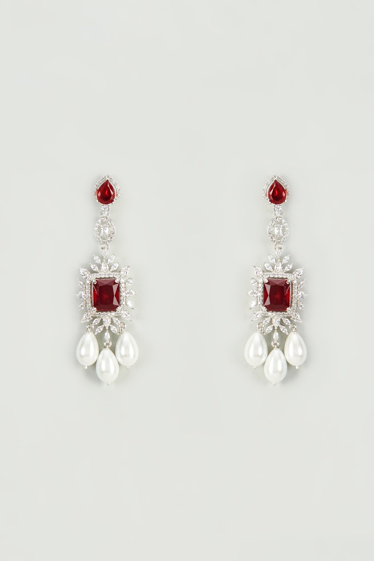 White Finish Zircon & Red Stone Dangler Earrings