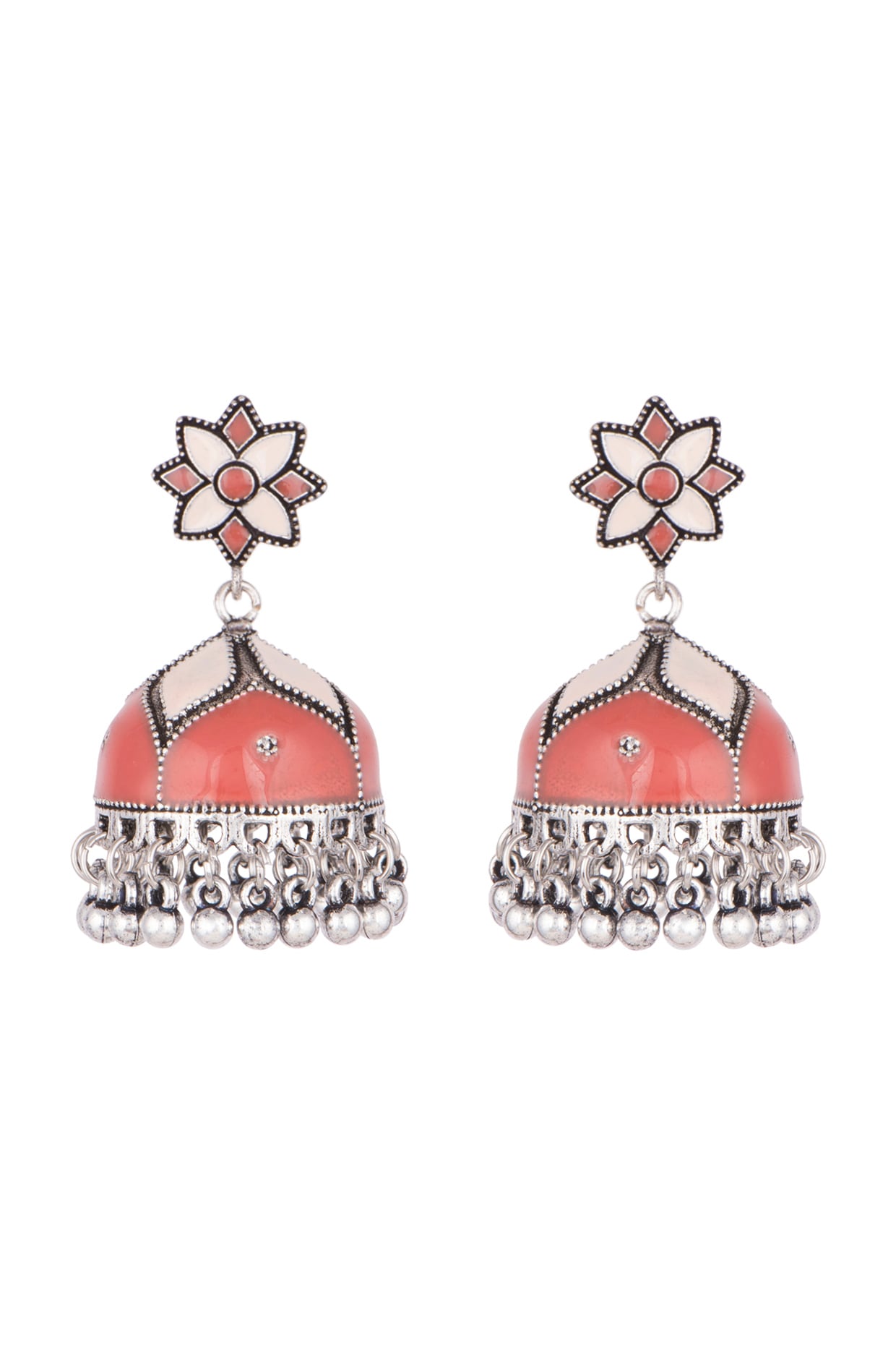 Silver Plated Peach & Red Meenakari Jhumka Earrings