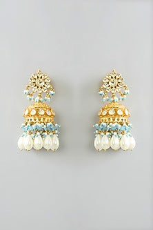 Gold Finish Kundan Polki & Blue Pearl Long Pendant Necklace Set
