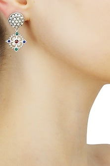 Silver finish seed pearls and encrusted multi color stone drop earrings