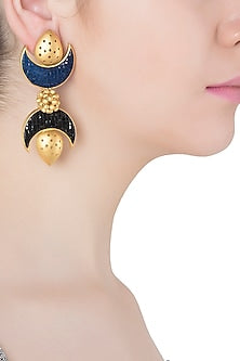 Gold Plated Black and Blue Stone Double Crescent Earrings