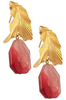 Gold Plated Pink Stone Drop Leaf Shaped Earrings
