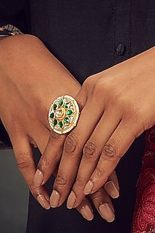 Gold Finish Ring With Green Stones