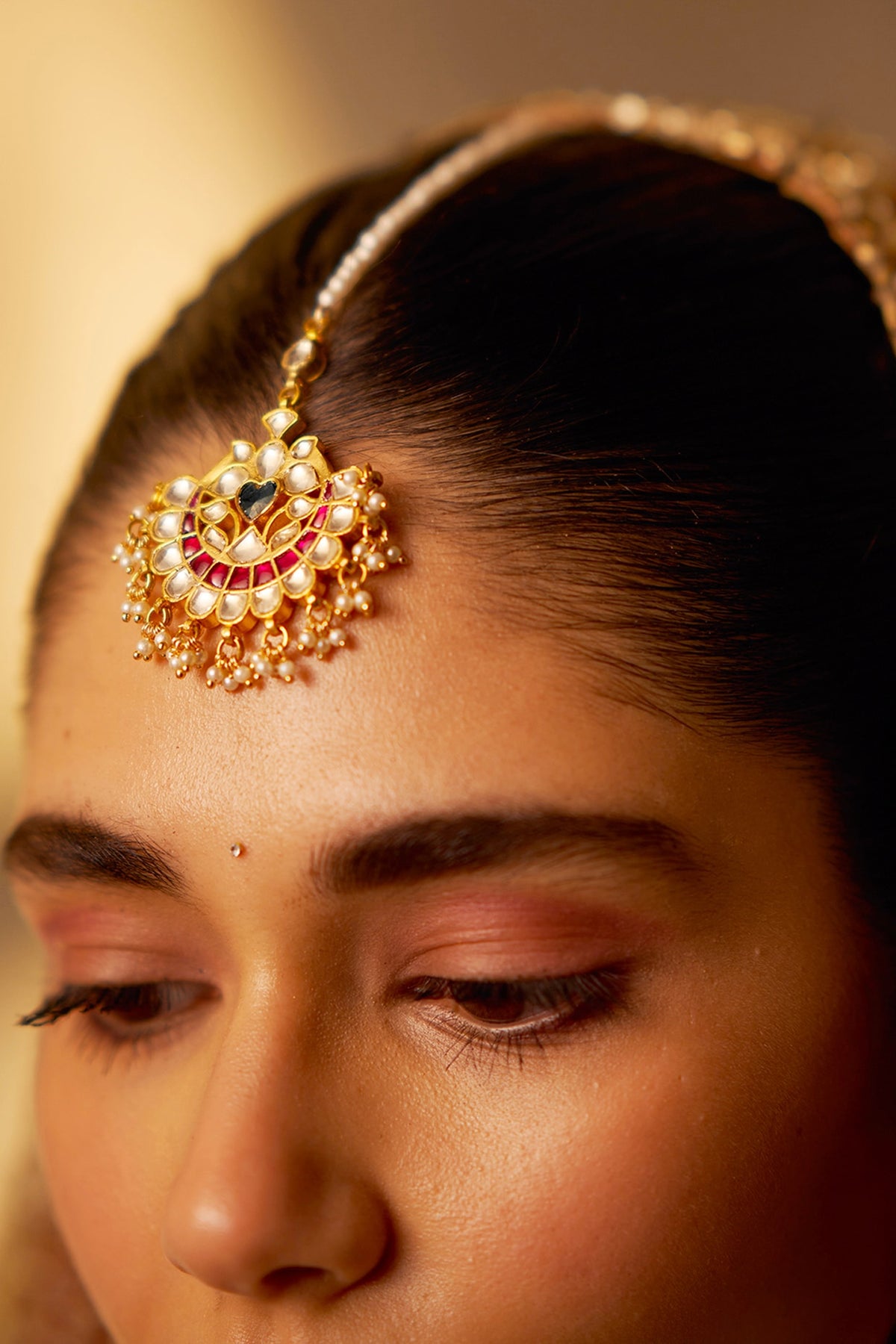 Gold Finish Kundan Polki & Pearl Handmade Jadau Maangtikka