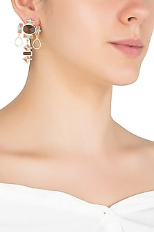 Gold Plated 3D Cut Blue and Pink Earrings