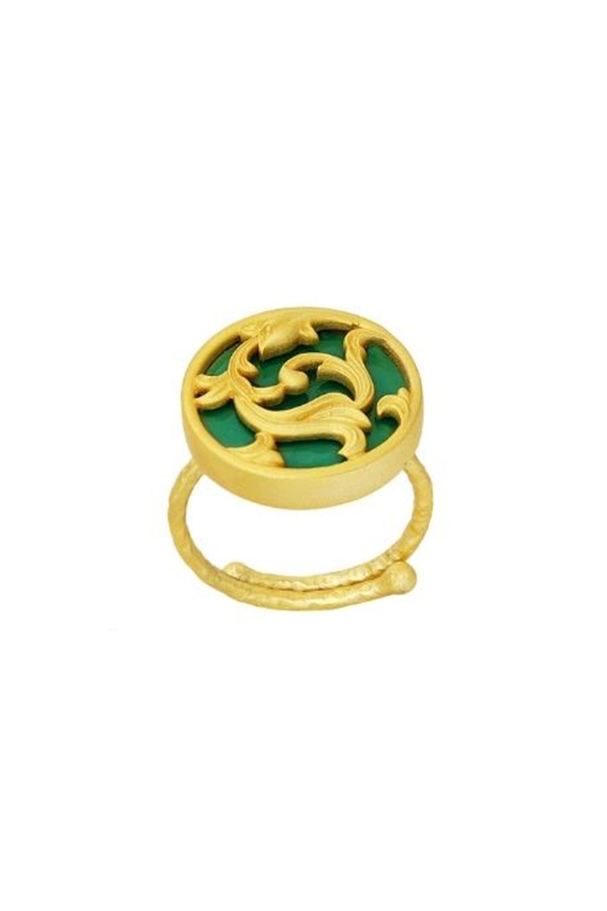 Gold Plated Green Enameled Floral Disc Ring