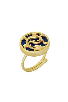 Gold Plated Blue Enameled Floral Disc Ring