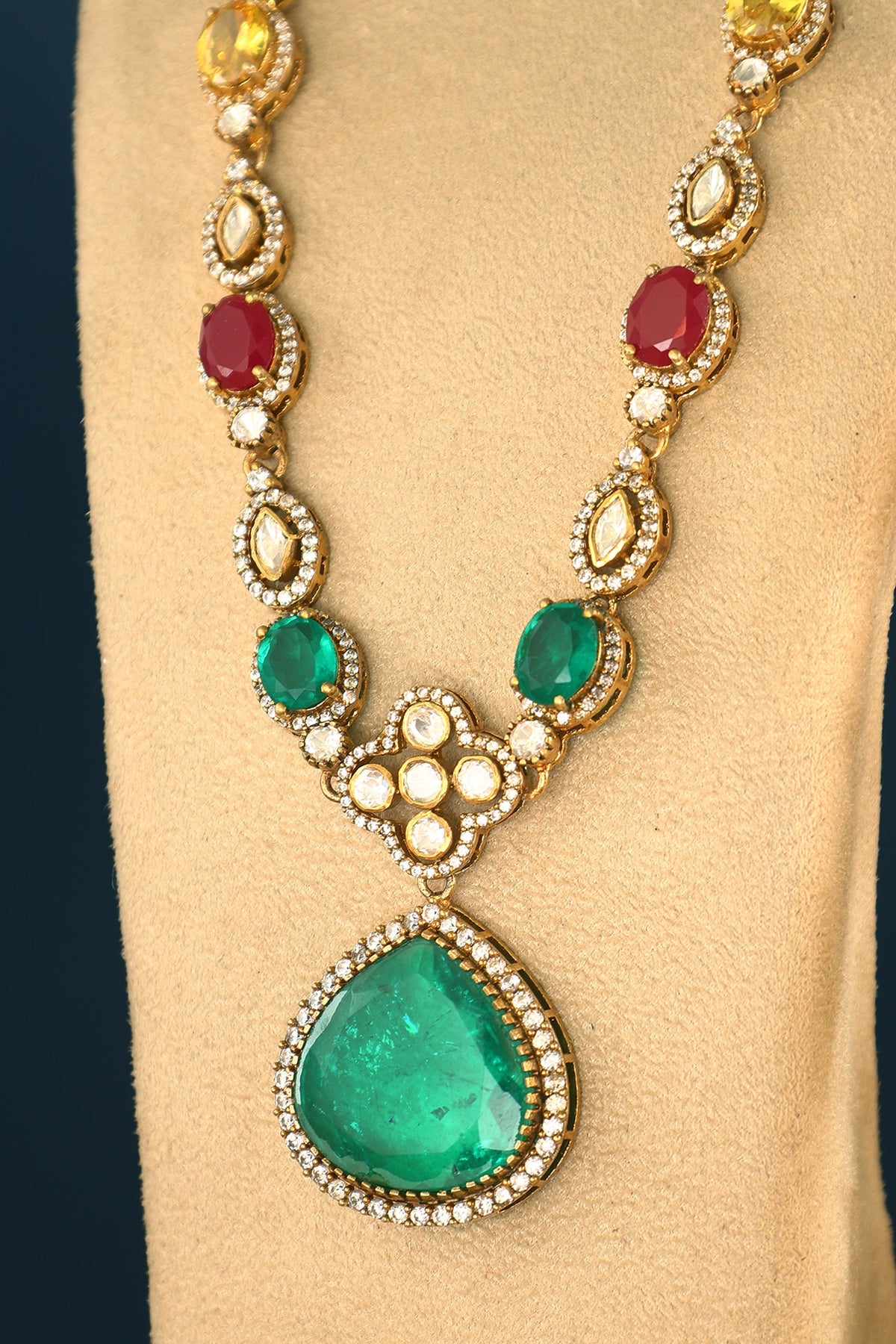 Gold Finish Emerald & Ruby Temple Necklace Set In Sterling Silver