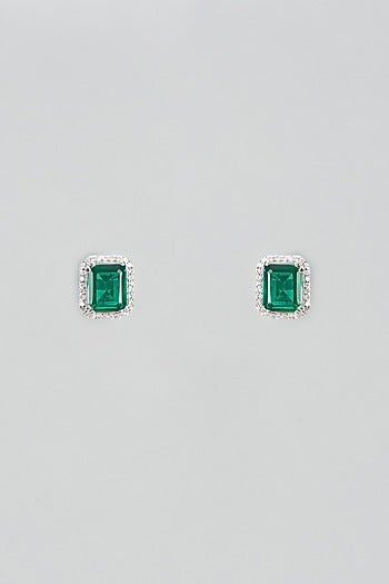 White Plated Cubic Zircons & Emerald Stud Earrings In Sterling Silver