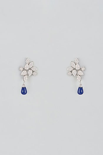White Plated Cubic Zircon & Blue Droplets Dangler Earrings In Sterling Silver