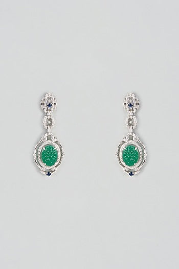 White Plated Cubic Zircon & Emerald Stone Stud Earrings In Sterling Silver