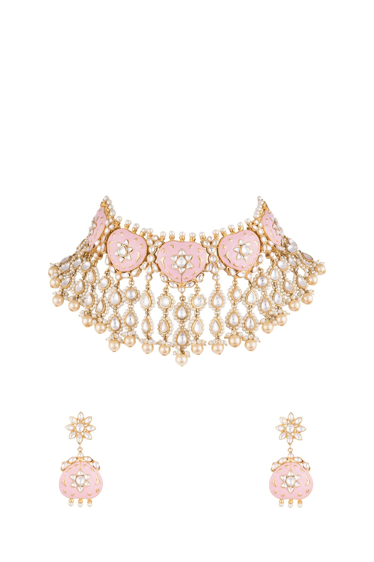 Gold Plated Rose Pink Pearls & Kundan Necklace set