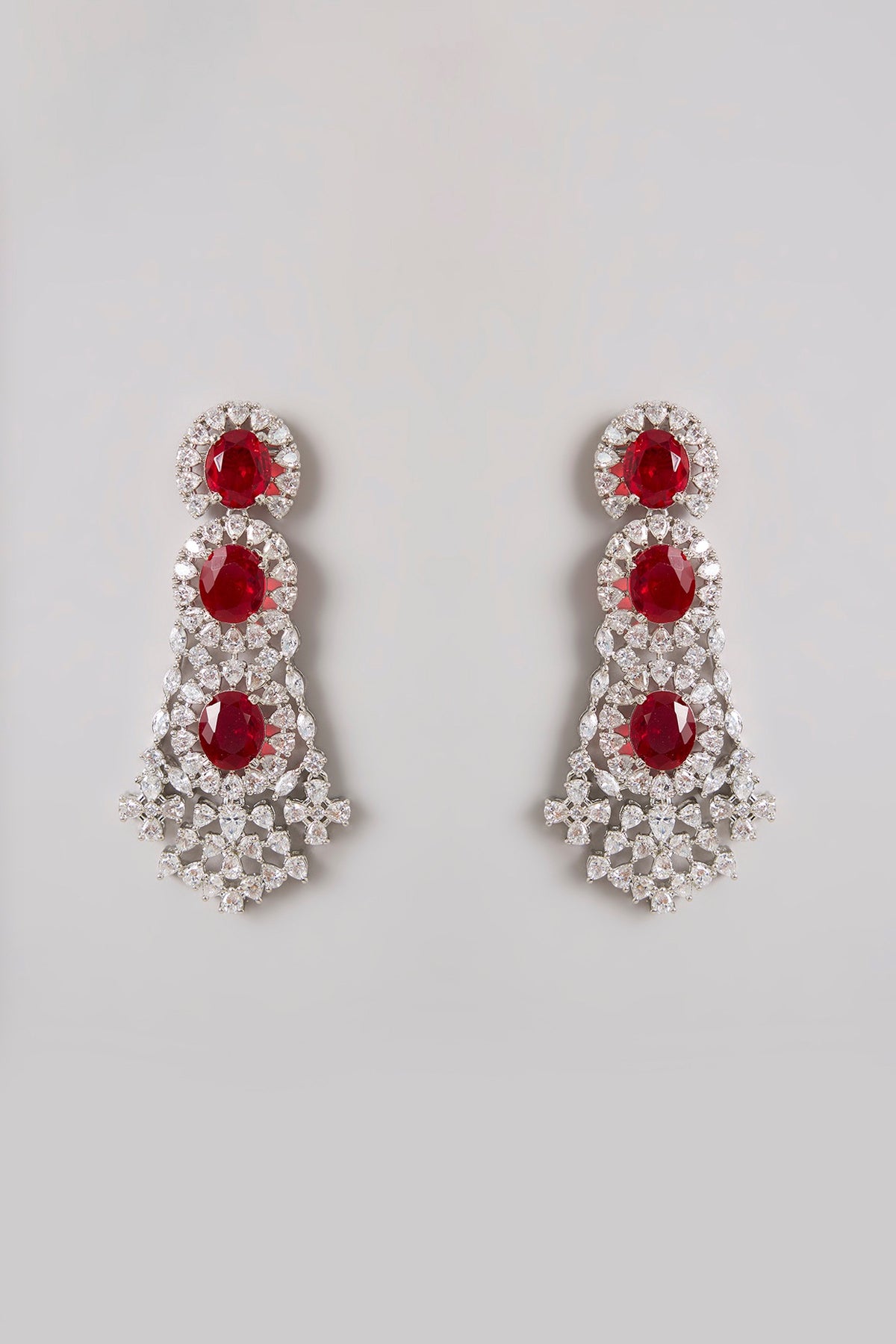 Silver Finish Zircon & Ruby Stone Long Necklace Set