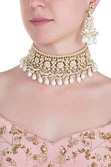 Gold plated rose pink pearl choker necklace set