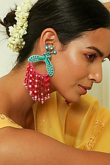 Turquoise & Hot Pink Hand Embroidered Dangler Earrings