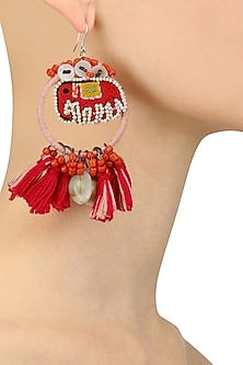 Pink and Red Elephant Beadwork Hoop Earrings