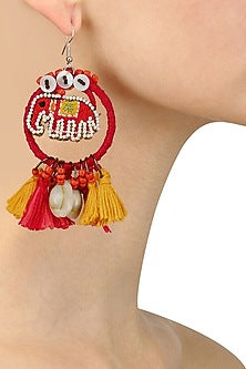 Red and Yellow Elephant Beadwork Hoop Earrings